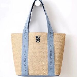 Victoria's Secret Beige Straw Tote with Light Blue Logo Straps and Monogram